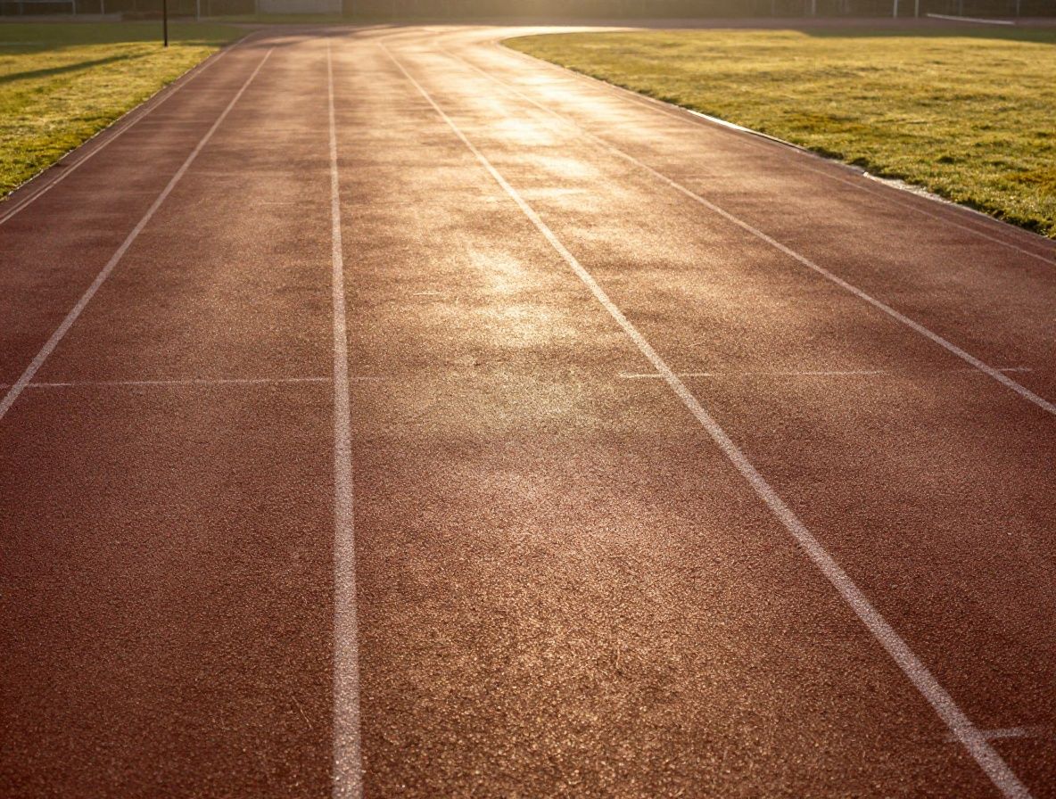 Wide-angle view of an empty outdoor athletics track at sunrise, dew visible on the track surface, long shadows and golden light