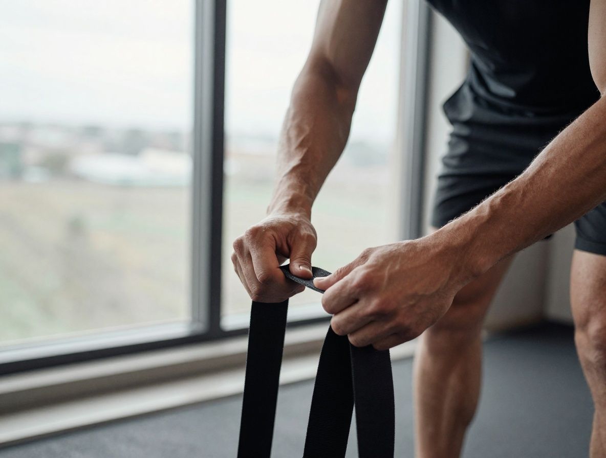 Close-up of hands carefully adjusting a resistance band before a training session, gym floor visible, natural morning window light, calm atmosphere