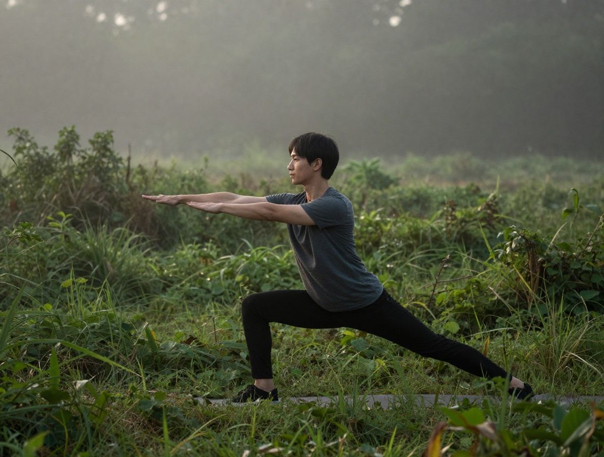 A person performing a slow, deliberate stretching routine outdoors in the early morning, surrounded by soft natural light and green vegetation, with a calm, focused expression