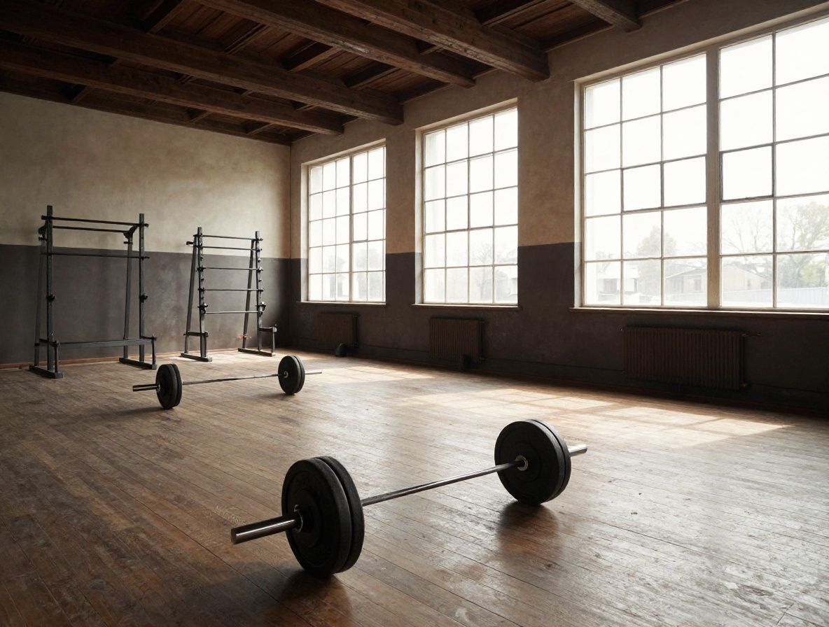 A vintage gymnasium interior with wooden flooring, classic barbell equipment, and natural light streaming through tall side windows, no people present, textured and atmospheric