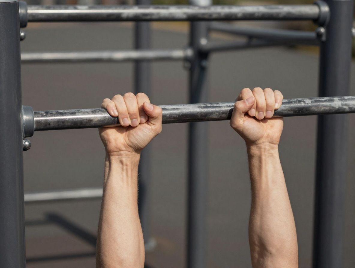 A close-up of hands gripping parallel bars in a calisthenics park, with natural daylight casting defined shadows, no product or branding visible
