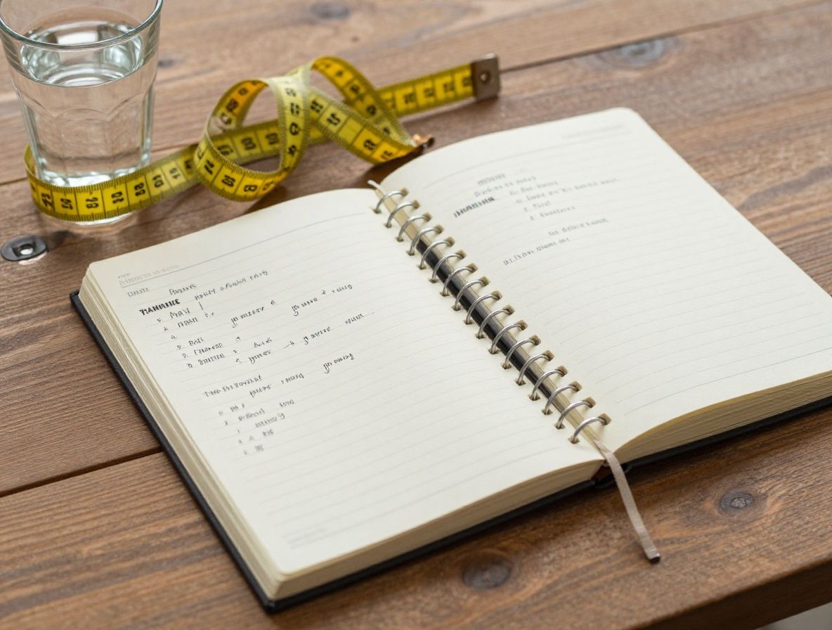 A well-worn training journal open on a wooden desk next to a measuring tape and a glass of water, representing structured documentation of physical activity planning